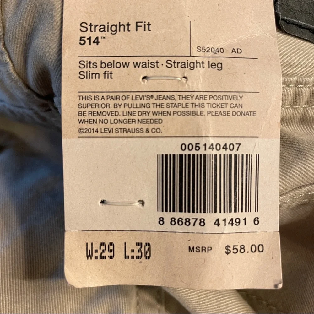NWT Levi’s 514 khakis straight leg jeans 29 x 30